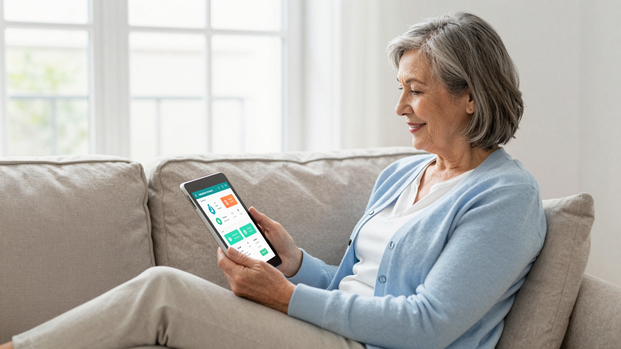 A senior woman living independently, using a tablet at home